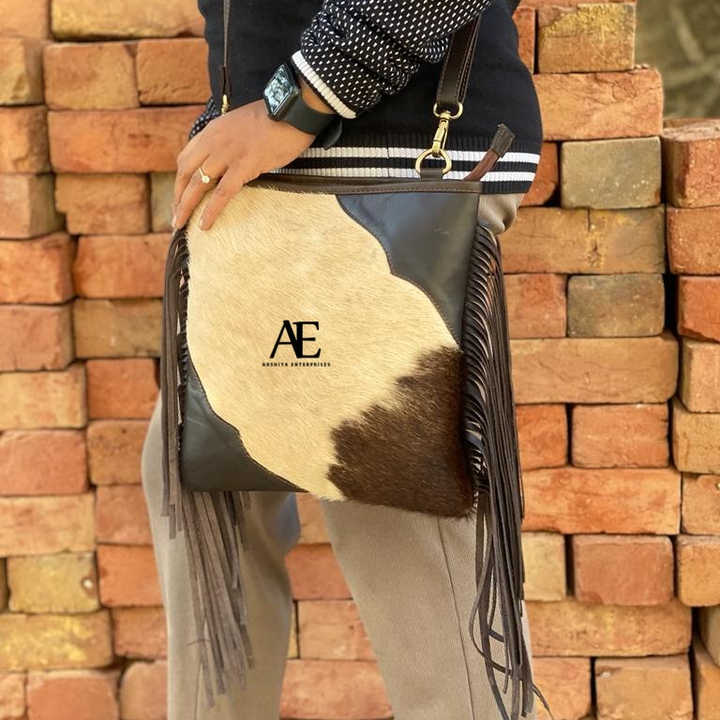 Fringed Leather and Hair On Hide Bag with Turquoise Accent Stone