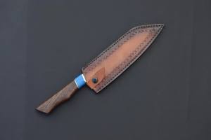 Couteau Santoku japonais de 6-7,9 pouces en acier carbone Damas, fourreau en cuir, forgé à la main, haute dureté, extra tranchant, durable, manche en bois - Product Image 5