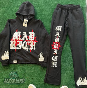 Custom Slim Fit 2-Piece Distressed Streetwear <b>Hoodie</b> Sweatpants Set Winter Embroidered Applique Jogging Suits Plus Size Seamless - Product Image 1