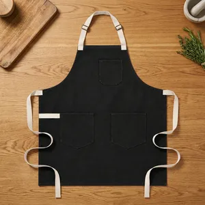 Classic Black Heavy Duty Reusable Bib <b>Apron</b> with Multiple Pockets for Cooking Daily Use Canvas Woven Style - Product Image 1