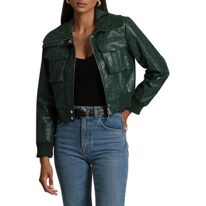 เสื้อแจ็คเก็ตหนังแท้คลาสสิกสําหรับผู้หญิง ฝาปิดซิปด้านหน้าพร้อมแผ่นรองพุกพายุข้อมือยางและขอบ - Product Image 5