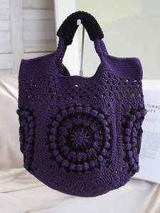 Bolso de hombro de ganchillo de alta gama para mujer, de tela de algodón y paja, suave, de gran capacidad, con forro, para playa - Product Image 2