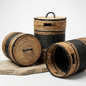 Natural Banana Bark Recycled <b>Plastic</b> <b>Basket</b> Set Black Stripe Laundry Hamper With Lid Clothes Bin Setup Pure Art Room Decor Craft - Product Image 3