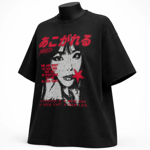 T-shirt noir à col rond pour femme avec texte japonais rouge et imprimé étoile, coupe ample, style streetwear, 100% jersey de coton - Product Image 6