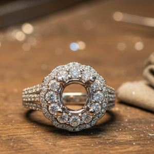 Bijou moderne en or blanc 18 carats avec diamant certifié, semi-monture double halo à branches fendues, style unique pour la mariée classique - Product Image 2