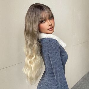 Hannah-DWY for Ombre <b>Bleach</b> Blonde Long Curly Lace Front Wig Heat Resistant Fiber Synthetic Wig Transparent Lace Bangs Loose - Product Image 5