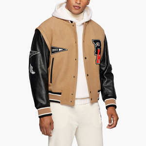 Chaqueta universitaria de lana personalizada OEM para hombre con parches bordados Diseño de retazos Sin cuello Street Baseball Letterman Bomber - Product Image 2