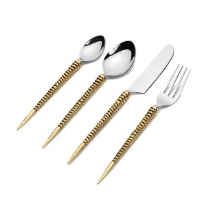 Silver Tableware Cutlery Set Stainless Steel <b>Gold</b> Ribbed Sharp End Handle Design Flatware Silverware Cutlery Set - Product Image 1