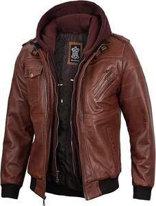 Blouson en cuir à capuche pour hommes Blousons en cuir pour hommes avec capuche amovible - Product Image 2