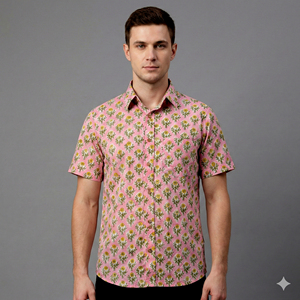 Camisa Casual de Algodón con Estampado Floral de Manga Corta para Hombre, Cuello Camisero, Estilo Veraniego, Tejido Transpirable de Secado Rápido ODM - Product Image 1