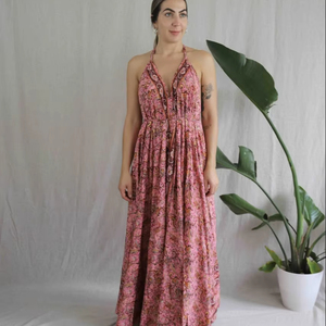 Col en V meilleure qualité Robe Maxi Crochet paillettes soie longues fleurs dos nu Robes Maxi sans manches Dames Robe Robe de plage - Product Image 1