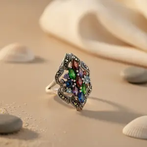 Bague cocktail en argent 925 avec pierres précieuses multiples, ajustable, taille ovale, incrustation, bijoux de déclaration pour femmes, plaqué or, bagues tendance - Product Image 1