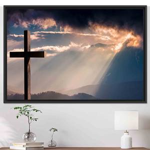 Toile imprimée : Œuvre d'art de Jésus-Christ, lever de soleil serein, décoration religieuse, toile encadrée noire - Product Image 1