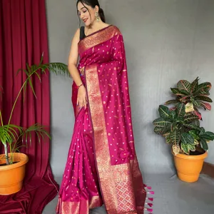 SAREE DE SEDA SUAVE PURA COM FRONTEIRA TECIDA ZARI COBRE E DOURADA E PALLU RICO COM MOTIVOS BONITOS E ELEGANTE