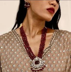 Antique Gold Plated Carving Polki Kundan Set Fashionable <b>Brass</b> <b>Jewellery</b> for Weddings and Parties Includes Earrings - Product Image 1