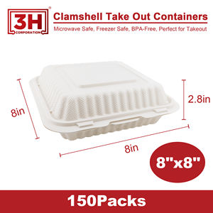 Contenitori a conchiglia bianchi 8x8 pollici (150 pz/scatola) con coperchio incernierato, adatti al microonde per la preparazione dei pasti, catering, asporto e food truck - Product Image 2