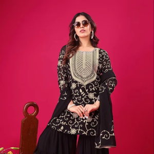 นำเสนอผ้าจอร์เจียเทียมปักเสื้อทำงานและ Sharara Palazzo กับ Dupatta ล่าสุดออกแบบใหม่ล่าสุด - Product Image 2