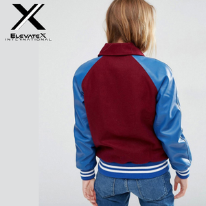 ELEVATEX INTERNATIONAL Women's Varsity Jacket Maroon Blue PU Leather Sleeves Letter A Embroidered Front Turn-down Collar - Product Image 3