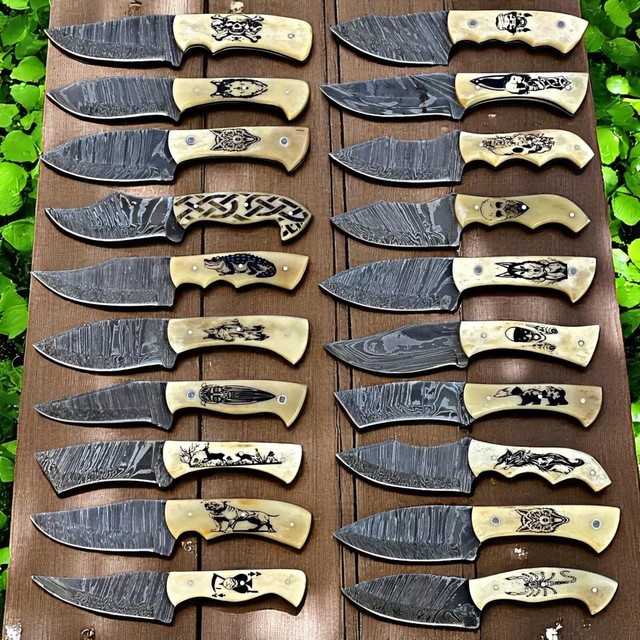 20 Pcs LOT OEM Custom Handmade Damascus Steel Cowboy Hunting Knife Bone Handle High Durability 58HRC Razor Sharp Leather Sheath