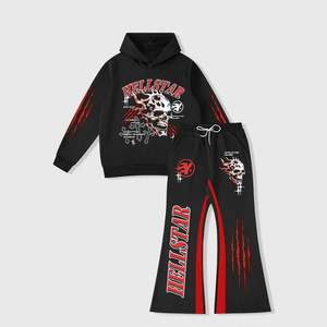 Chándal con estampado de letras y figuras para hombre, Sudadera con capucha con estampado DTG, pantalones acampanados, conjunto informal de 2 piezas - Product Image 1