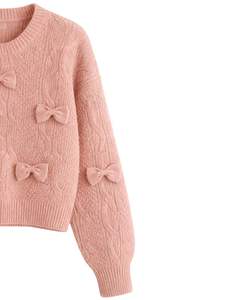 Manufacture Customized Women Blush Pink Cable Knit Cropped Sweater With Bow Applique <b>Long</b> Sleeve Round Neck Cute Winter Fashion - Product Image 2