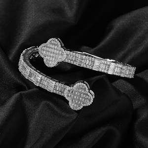 7mm 14K White Gold 925 Sterling Silver VVS Moissanite Diamond Iced Four Leaf Clover <b>Baguette</b> Cut Bangle For Men - Product Image 3