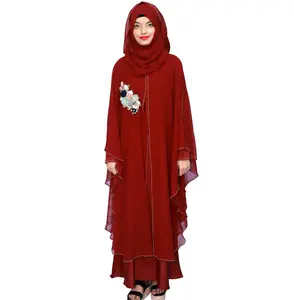 2023 new latest design top quality abaya Stylish Flowers printing red color abaya for Girls and women