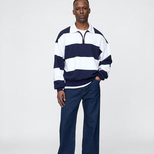 Jersey con logotipo personalizado para hombre 100% algodón polar de gran tamaño cuello redondo bordado sudadera pulóver a rayas sudadera de gran tamaño - Product Image 4