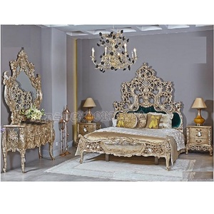 Cama tallada de hoja clásica Neo de lujo, juego de cama clásica tallada pesada y taburete lateral, tapizado estilo corona europea, para dormitorio - Product Image 1