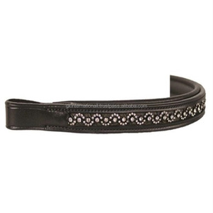 Bande de front de cheval rembourrée en cuir de selle épais noir ou marron plat canal vide conception personnalisée incrusté de cristaux d'argent de marque Bling - Product Image 1