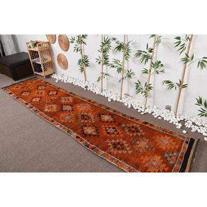 Alfombra clásica de lana turca Vintage naranja 2,7X11,9 pies patrón de retazos de tejido plano para sala de estar pasillo alfombra de yute de látex nuevo - Product Image 1