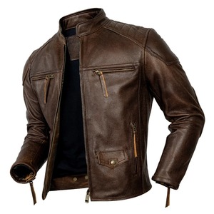 แจ็กเก็ตหนังแท้สำหรับผู้ชายสไตล์ย้อนยุคคอตั้งหนังวัวธรรมชาติสไตล์5XL วินเทจสีน้ำตาลฤดูใบไม้ร่วง - Product Image 4