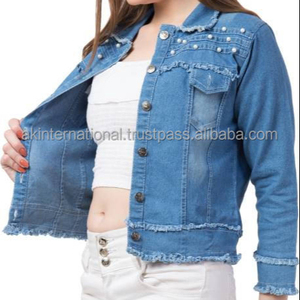 Veste en jean bleu avec perles et strass pour femme, Logo personnalisé de haute qualité, grande taille - Product Image 3