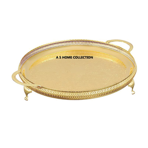 Metal de color dorado de alta exigencia con patas decorativas y asas laterales Bandeja de servicio de forma redonda Venta directa de fábrica - Product Image 1