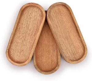 Ensemble de 3 plateaux de service en bois ovales faits à la main, polis, en bois naturel avec poignée, adaptés aux aliments, pour usage domestique - Product Image 1
