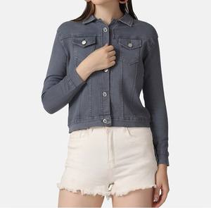 Veste en jean ajustée bleu ardoise recadrée veste à la mode douce au toucher Vestes de style urbain de qualité supérieure pour femmes manches complètes - Product Image 3