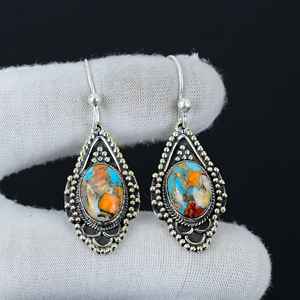 Oyster cobre turquesa lindo estilo bohemio pendientes de gota hechos a mano 925 plata esterlina mujeres para regalo de aniversario de boda - Product Image 2