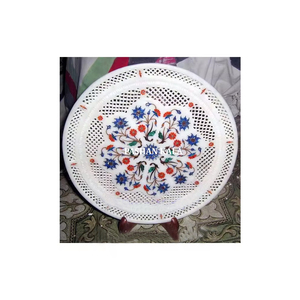 Indian Best Quality Handmade White Marble Inlay Round <b>Plate</b> With Glossy <b>Surface</b> For Home Office And Kitchen Decorative Supplier. - Product Image 4