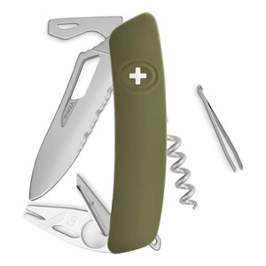Coltello Swiza Allmatt Single Hand SH03 TR-TT con lama ondulata - 12 funzioni, verde oliva - Product Image 1