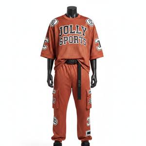 Conjunto de pantalón y camiseta deportiva de malla de poliéster GSM para hombre, color naranja óxido, tela transpirable, logotipo bordado en parche, camiseta de malla y pantalón para hombre - Product Image 6