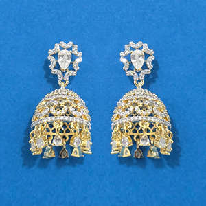 Colección exquisita, diseño impecable, Zirconia cúbica, Jhumki, 2 tonos, chapado en rodio, corte princesa, diamante, elegante diseño Mehndi - Product Image 1