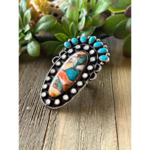 Navajo Handmade Turquoise & Opal Sterling <b>Silver</b> <b>Adjustable</b> Boho Statement <b>Ring</b> - Product Image 4