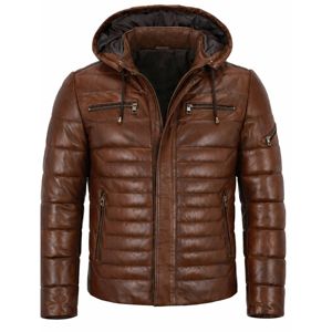 Blouson matelassé en cuir marron pour homme avec capuche, manteau d'hiver chaud, fermeture éclair sur le devant et plusieurs poches - Product Image 1