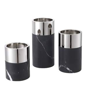 Set of 3 <b>Black</b> Marble & Silver Metal Combination Round <b>Pillar</b> <b>Candle</b> Holders for Home and Christmas Tabletop Decor - Product Image 1