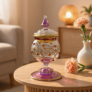 Ensemble de 3 pièces en verre floral gravé, soufflé à la main, fabriqué en Égypte, comprenant un vase, un flacon de parfum et un pot à couvercle, avec bordure bleue et dorée, pour la décoration en gros - Product Image 2