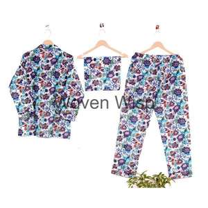 Conjunto de pijama a cuadros de algodón hecho a mano para mujer, ropa de dormir informal de moda sostenible para ropa de dormir de diseñador de invierno de India-a granel - Product Image 4