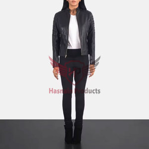 Chaqueta de cuero genuino negro para mujer, estilo motero, con mangas acanaladas, cuello alto, piel de oveja, bolsillos con cremallera, corte ajustado, prendas de abrigo personalizadas, nuevo estilo. - Product Image 4