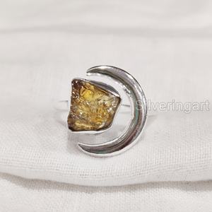 Rough <b>Stone</b> Jewelry Women's <b>Ring</b> Natural Raw Citrine Gemstone November Birthstone Crescent Moon <b>Ring</b> 925 Sterling <b>Silver</b> <b>Ring</b> - Product Image 1