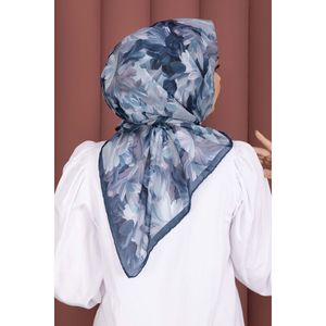 Série de foulards carrés à motif floral, couleur indigo, adaptés à l'été, fabriqués en chiffon polyester viscose - Matière personnalisable - Product Image 4