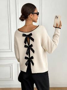 Maglione da <span class=keywords><strong>Donna</strong></span> Elegante, Casual, alla Moda, con Ampio Scollo Rotondo e Fiocco sul Retro, Pullover Lavorato a <span class=keywords><strong>Maglia</strong></span> - Product Image 4
